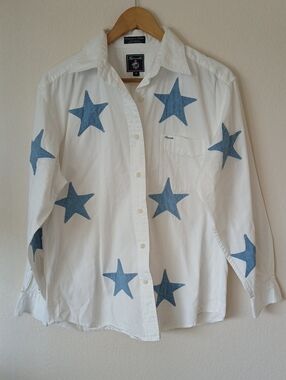 Faconnable White Cotton Button Up Blue Star Appliques